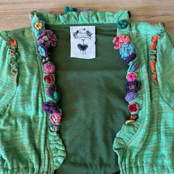 Nuvula Size XS Tie Waist Cardigan Green Floral Crochet Art To Wear Twee Boho - Picture 2 of 9